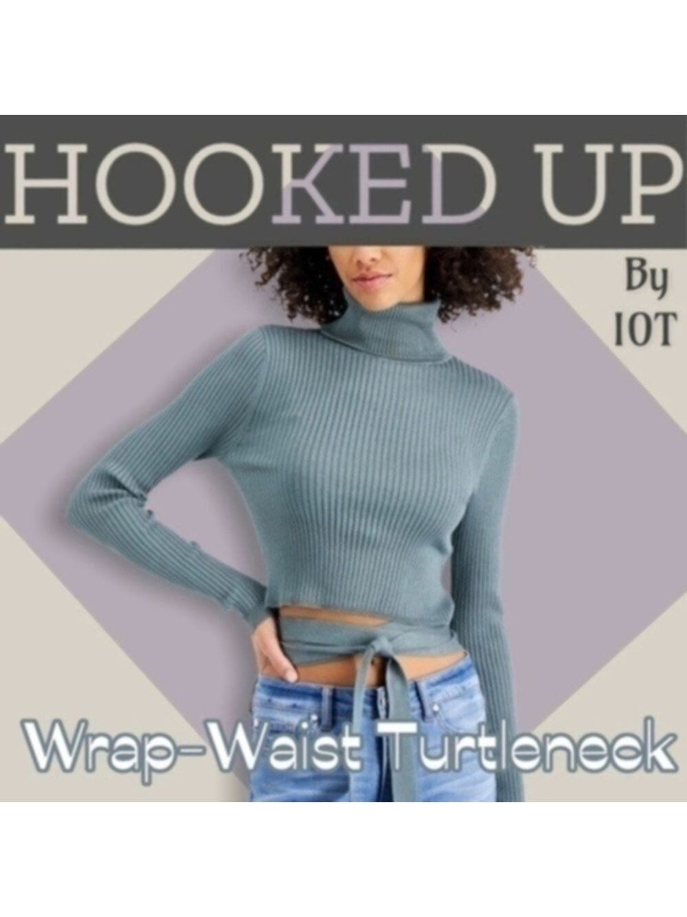 HOOKED UP Juniors' Stretchy Blue-Green Long Sleeve Tie-Wrap-Waist Turtleneck Top